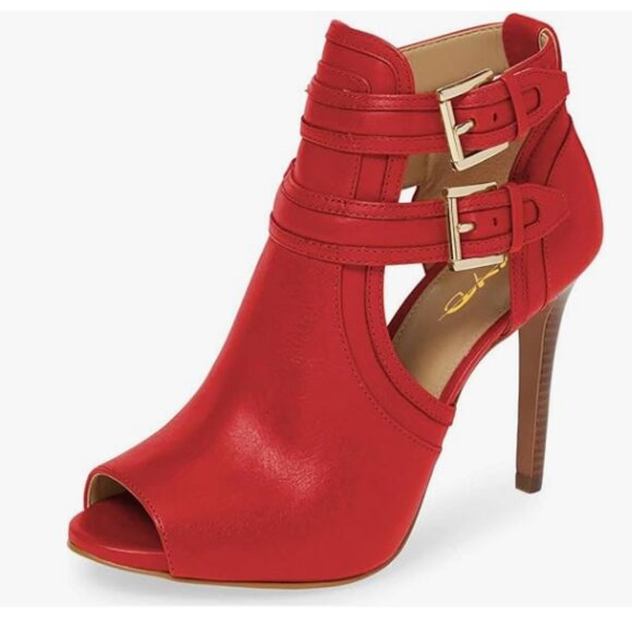 XYD Red Peep Toe Ankle Bootie High Heels Buckled Double Straps Cutout Party Shoe - Picture 1 of 8